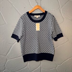 Michael Kors Logo Knit Sweater Top L Navy White Short Sleeve NWT $98